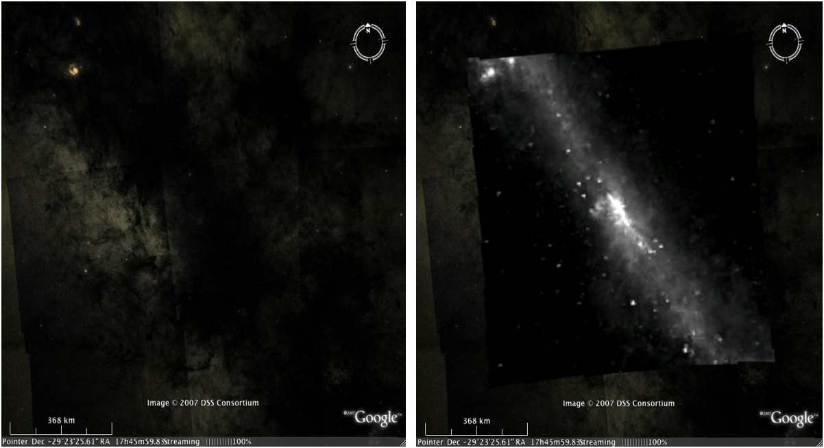 Composite image showing the Milky Way's center in Google Sky, before and after running KML Now.