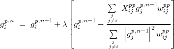                  ⌊         ∑    pp p,n-1 pp⌋
                 |             Xij gj   wij|
 p,n     p,n-1    || p,n-1   jj⁄=i-------------||
gi  =  gi    + λ |gi    -  ∑   || p,n- 1||2  pp|
                 ⌈          j  |gj   | w ij ⌉
                           j⁄=i
