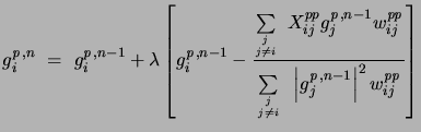 $\displaystyle {g_i^{\it p}}^{,n} = {g_i^{\it p}}^{,n-1} + \lambda\left[{g_i^{\i...
...i}} \left\vert{g_j^{\it p}}^{,n-1}\right\vert^2 w_{ij}^{{\it p}{\it p}}}\right]$