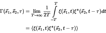 \begin{displaymath}\begin{split}\Gamma(\vec{s}_1,\vec{s}_2,\tau) &= \lim_{T\to\i...
...i(\vec{s}_1,t)\xi^\star(\vec{s}_2,t-\tau) {\rangle} \end{split}\end{displaymath}
