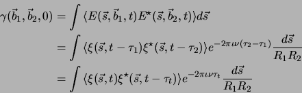 \begin{displaymath}\begin{split}\gamma(\vec{b}_1,\vec{b}_2,0)&=\int {\langle}E(\...
...2 \pi \iota} \nu \tau_t} {d\vec{s} \over {R_1 R_2}} \end{split}\end{displaymath}