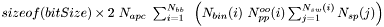 $ sizeof(bitSize) \times 2 ~ N_{apc}~ \sum_{i=1}^{N_{bb}} ~\left( N_{bin}(i)~N_{pp}^{oo}(i) \sum_{j=1}^{N_{sw}(i)} N_{sp}(j) \right) $