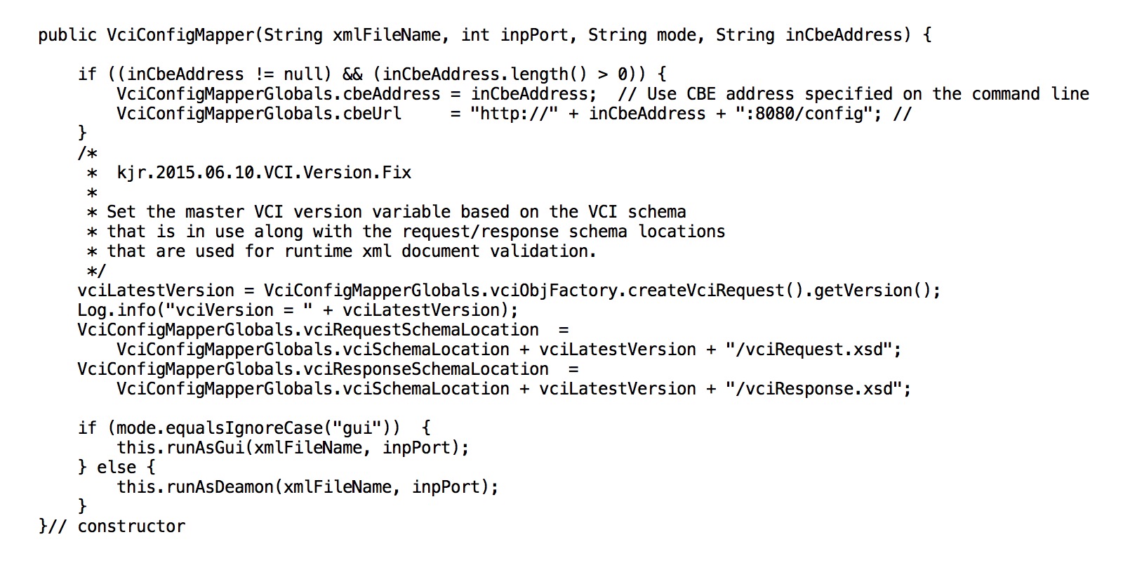 Code snippet of VciConfigMapper constructor
	       where the version number is retrieved from the vciRequest JAXB file.