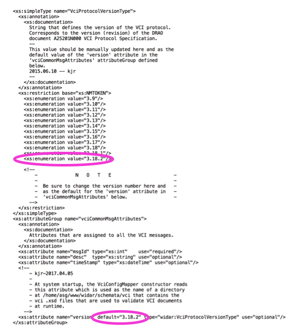 Image showing where to add/change the
	       the version number in the vciCommon.xsd file.