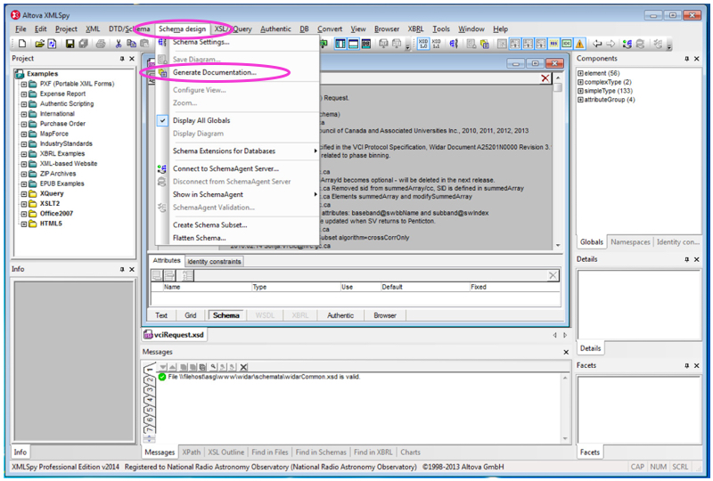 Image of XMLSpy showing menu selections to generate documentation