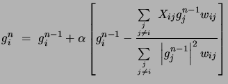 $\displaystyle g_i^n = g_i^{n-1} + \alpha\left[g_i^{n-1}-{\sum\limits_{j \atop {...
...sum\limits_{j \atop {j \ne i}} \left\vert g_j^{n-1}\right\vert^2 w_{ij}}\right]$